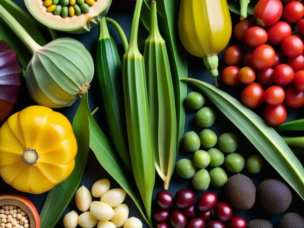 Diversidad vibrante: ingredientes africanos en detalle Una muestra detallada de vibrantes vegetales y frutas africanas recién cosechadas, resaltando colores y texturas