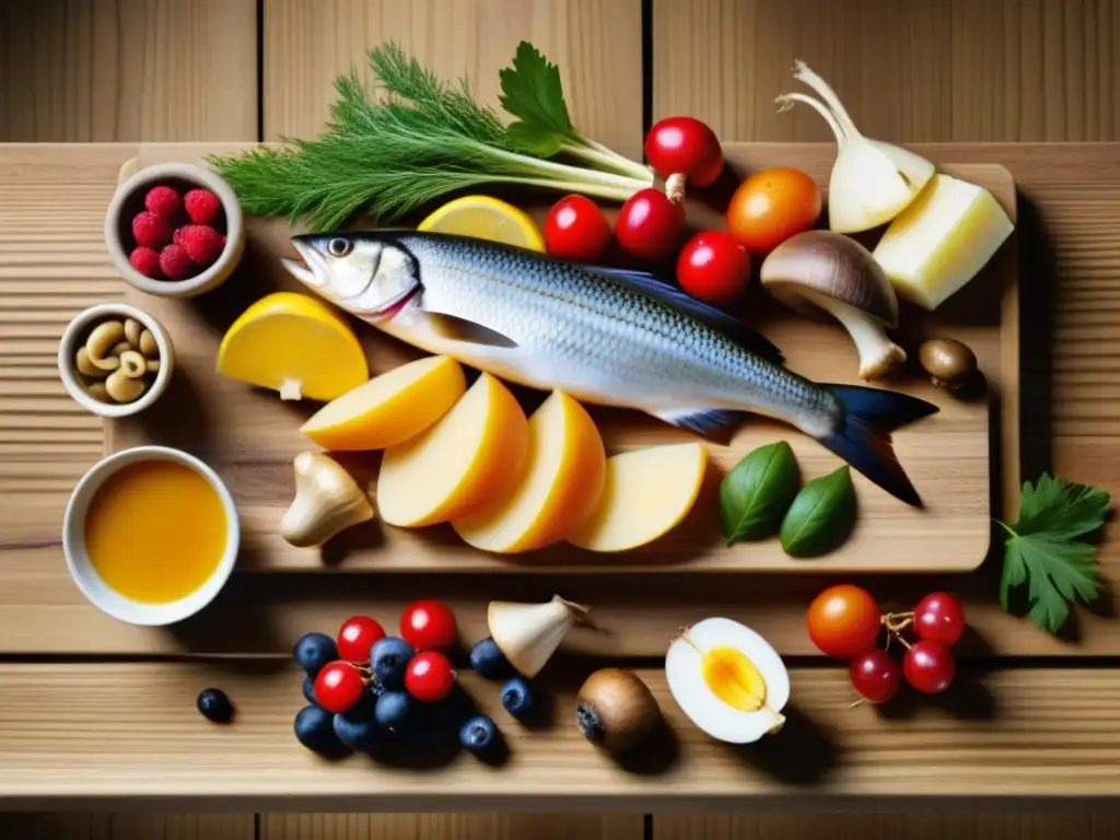 Una muestra vibrante de alimentos escandinavos tradicionales en una mesa de madera, evocando la dieta escandinava estacional y cultural