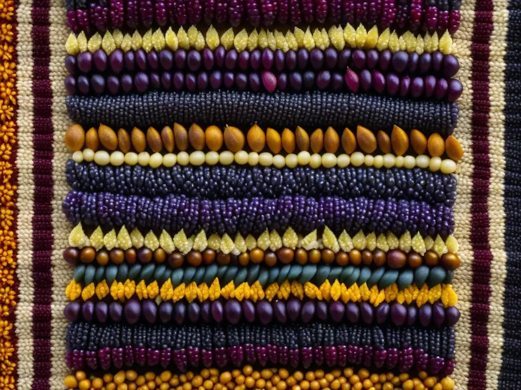 Una muestra vibrante de diversidad alimentaria Imperio Inca: quinua, amaranto y maíz morado en patrón sobre textil andino