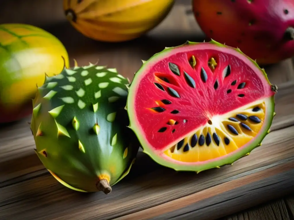 Una muestra vibrante de frutas prehispánicas en texturas, colores y formas únicas sobre mesa de madera rústica