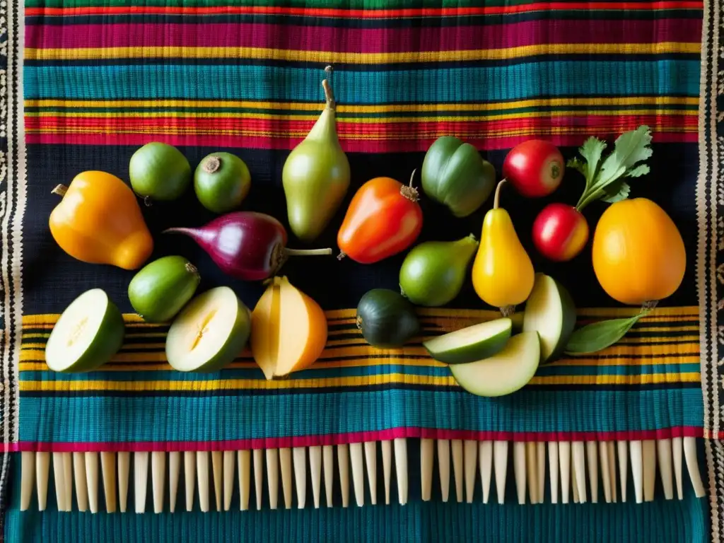 Una muestra vibrante de frutas y verduras incas en textiles tradicionales, destacando las técnicas incas de deshidratación de alimentos