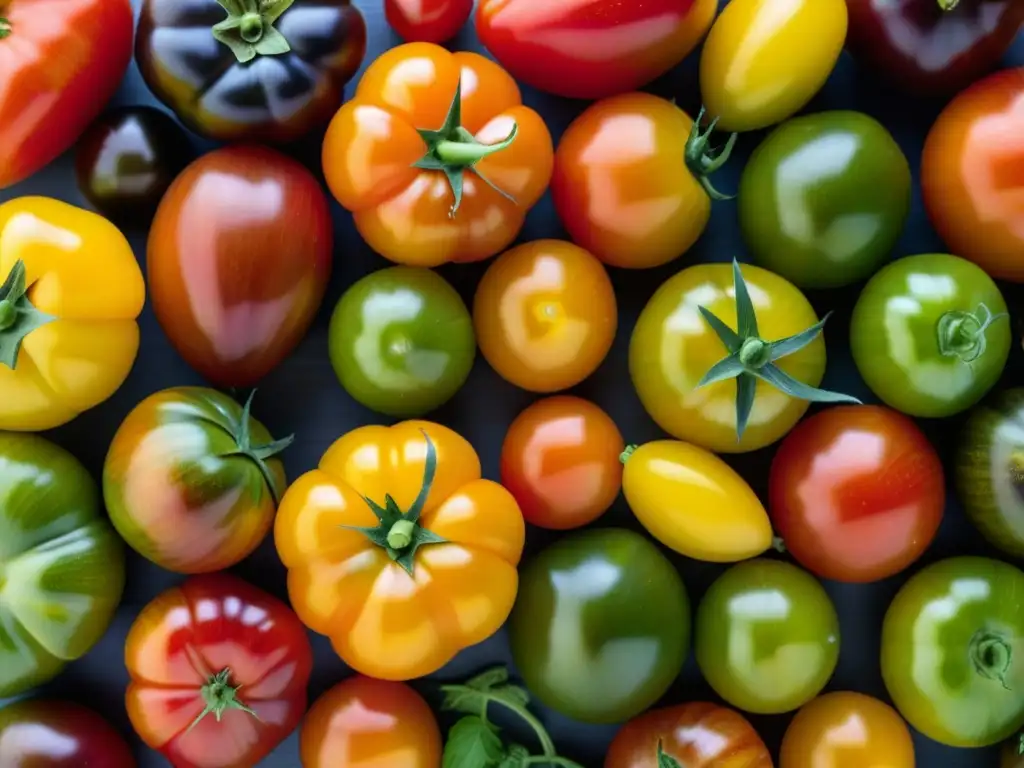 Una muestra vibrante de tomates antiguos en diferentes formas y colores, resaltando la biodiversidad en alimentación histórica