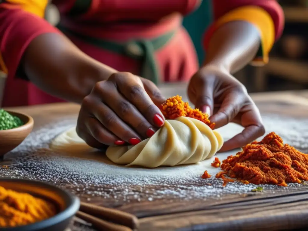 Mujer africana amasa masa colorida para dumplings caribeños en cocina tradicional