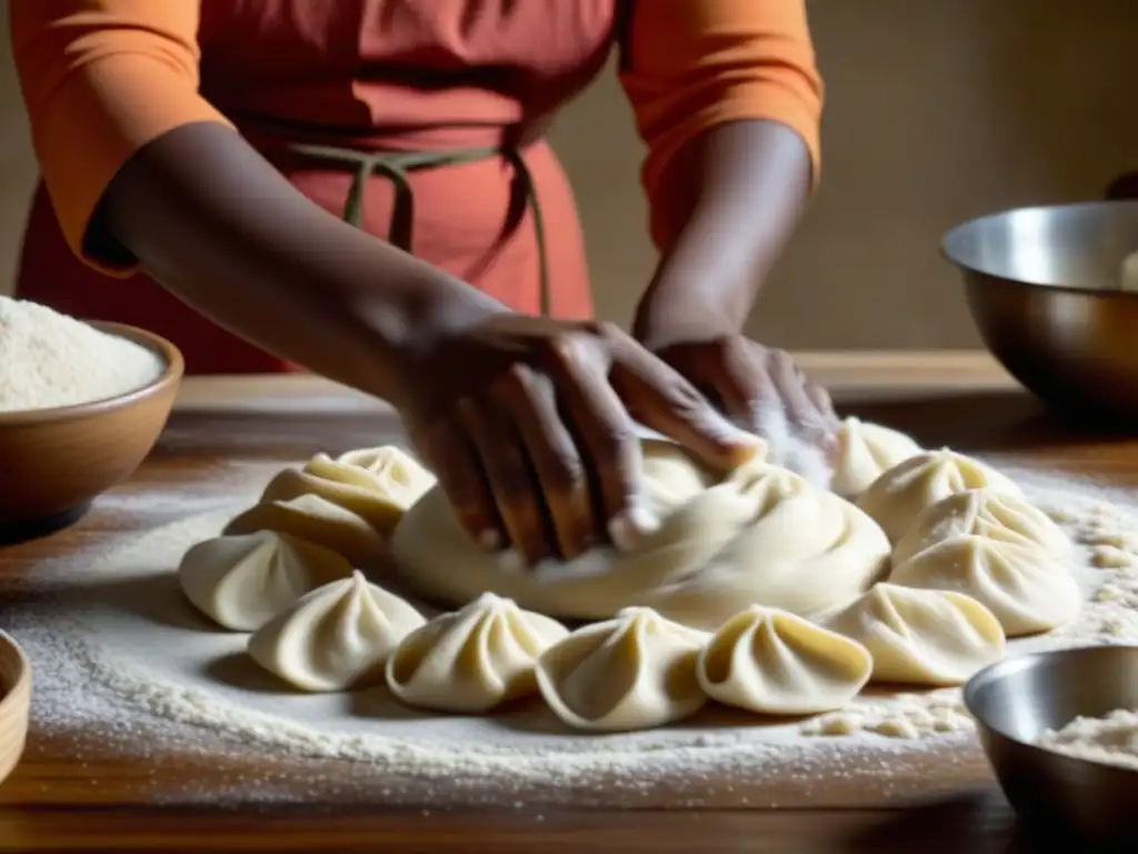 Una mujer africana experta en la cocina, amasando masa para dumplings con utensilios tradicionales, en una escena llena de tradición culinaria