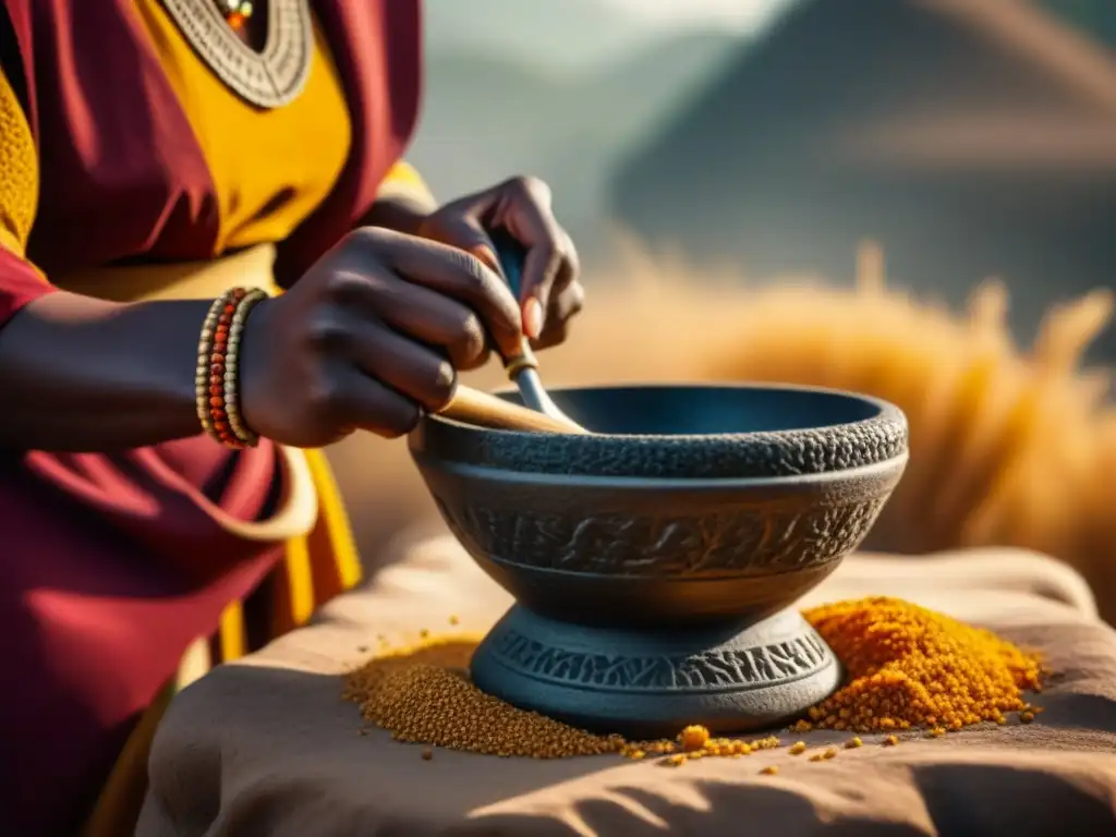 Mujer africana preparando recetas históricas en África precolonial