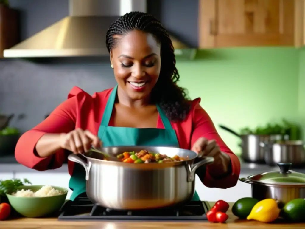 Una hábil mujer afrocaribeña preparando un guiso caribeño en una cocina vibrante