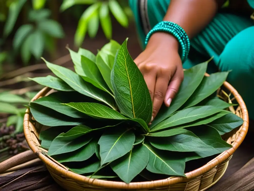 Una mujer amazónica realiza un ritual con hojas de guayusa en una cesta tejida, bajo la luz del sol en la selva