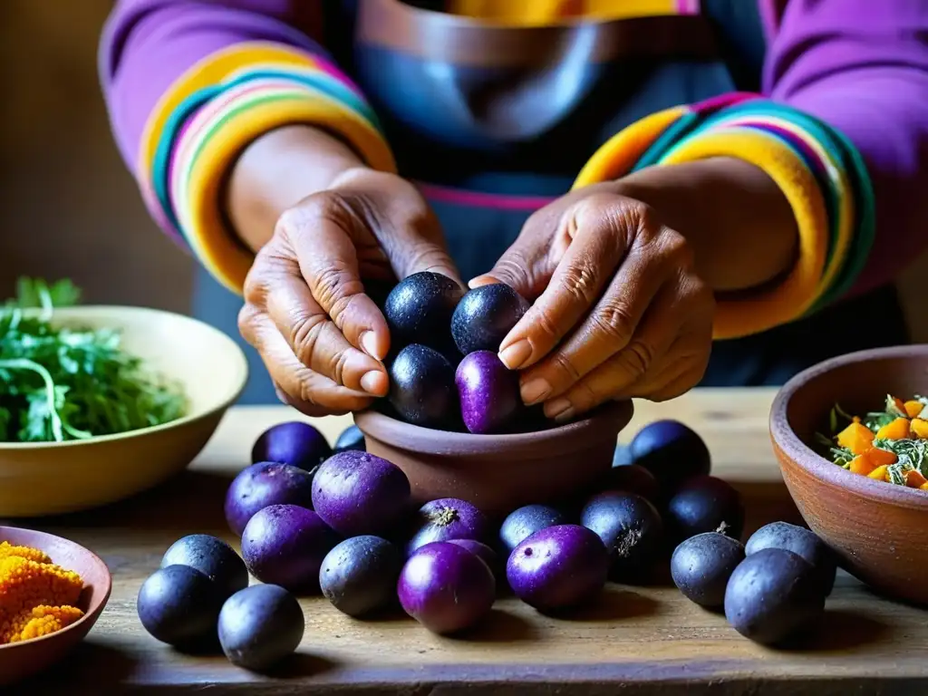 Una mujer andina prepara con destreza los ingredientes para Pepián de Cuy