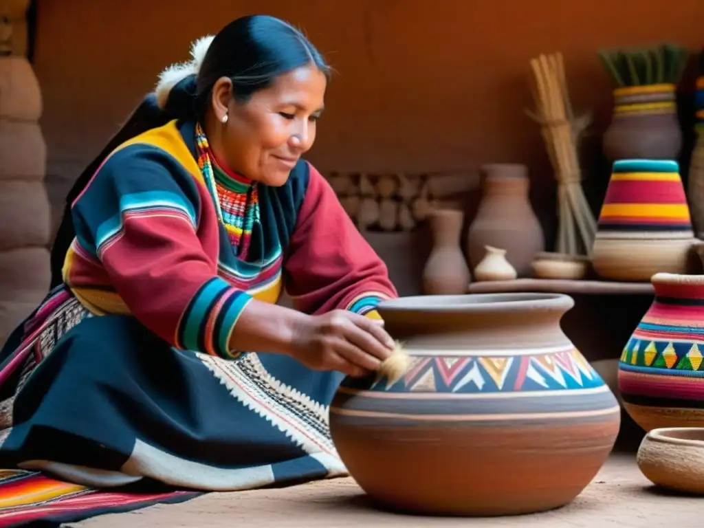 Una mujer andina experta elaborando chicha, mostrando el proceso de fermentación del maíz en una olla de barro decorada