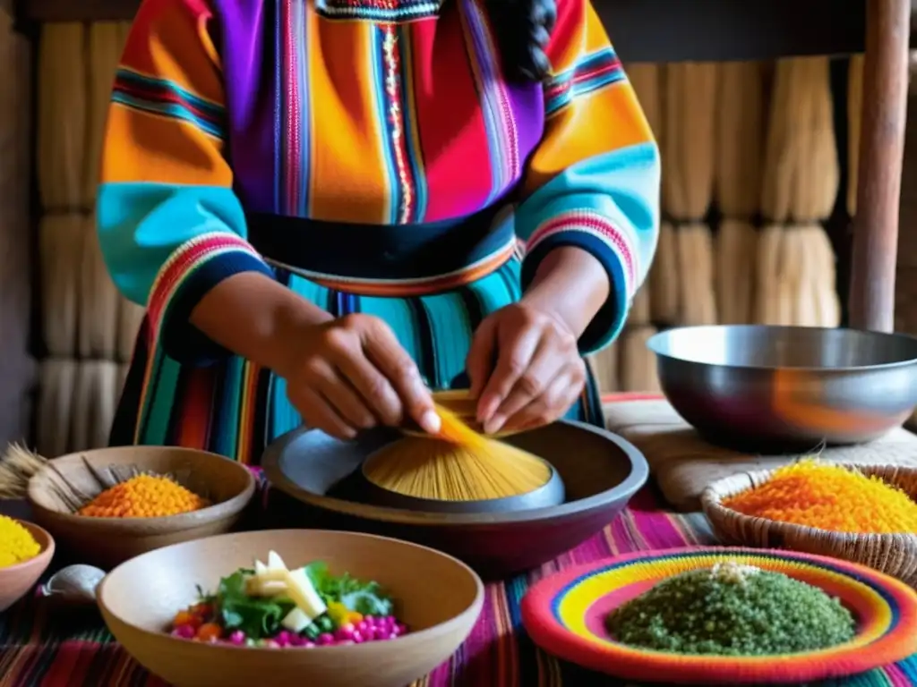Una mujer andina preparando un plato inca con influencia culinaria en Andes