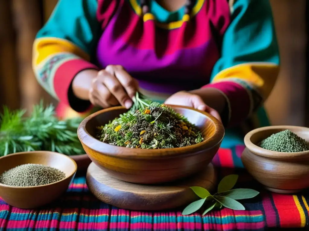 Una mujer andina prepara recetas indígenas para desintoxicar el cuerpo con hierbas y plantas, mostrando colores y texturas únicas