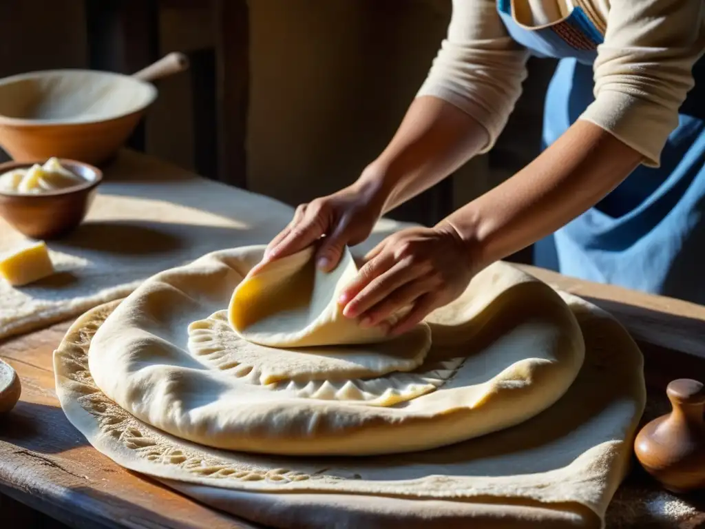 Una mujer armenia experta preparando masa de pan lavash en detallada imagen