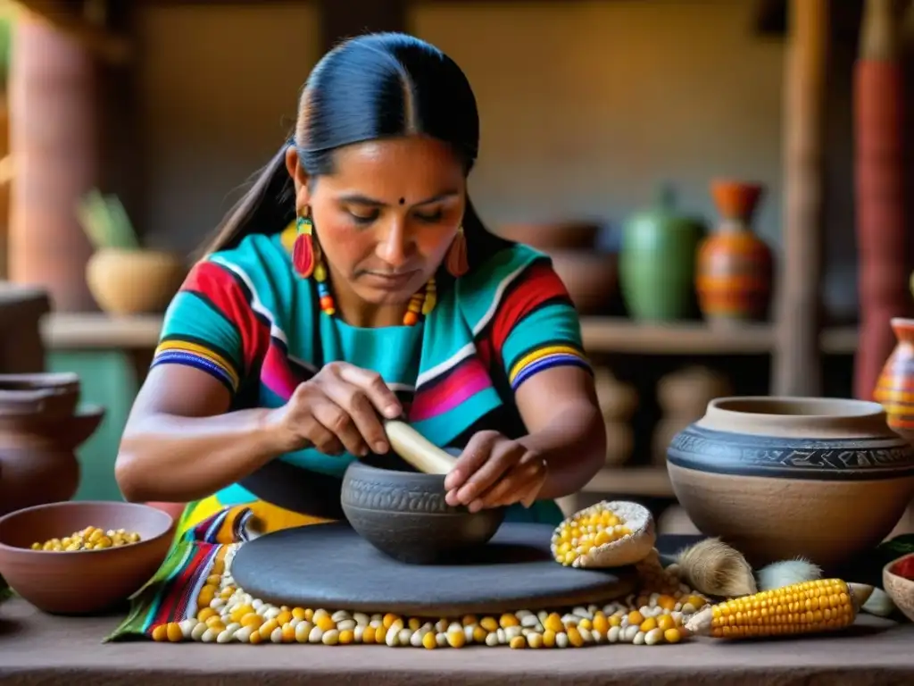 Una mujer azteca tradicional muele maíz en metate y mano, destacando la sostenibilidad en la cocina azteca