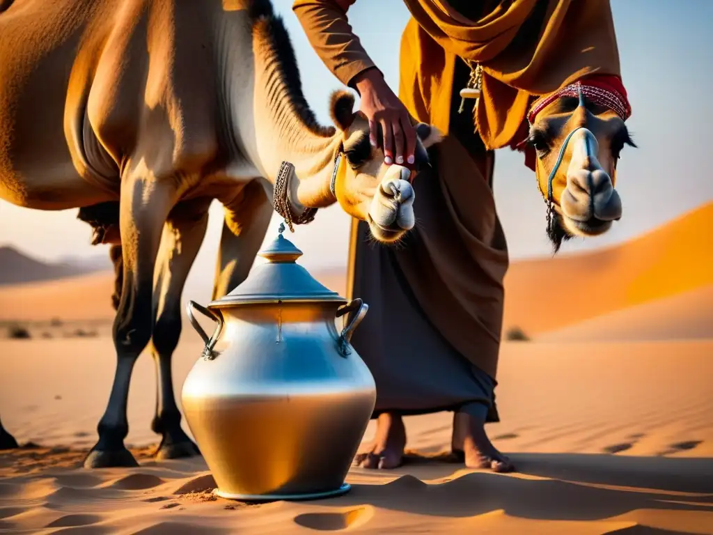 Una mujer beduina ordeñando a un majestuoso camello en el desierto al atardecer, destacando los beneficios de la leche de camella en la gastronomía