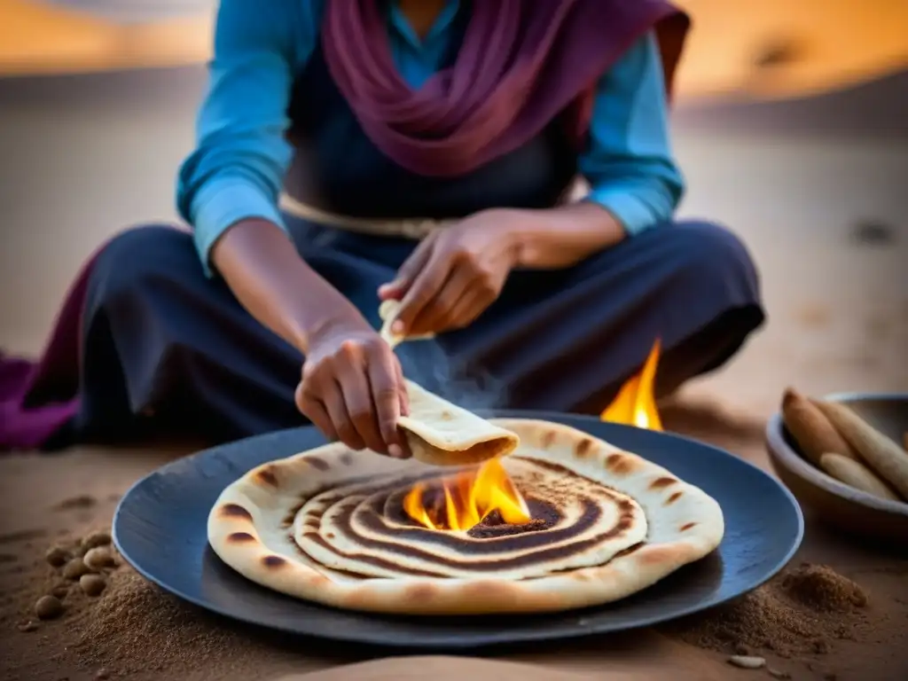 Una mujer beduina prepara pan plano tradicional sobre fuego en el desierto, mostrando adaptaciones culinarias en ambientes áridos