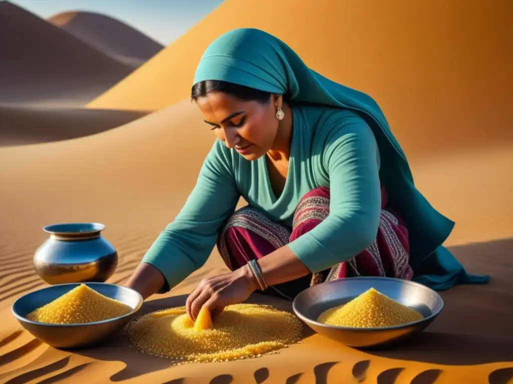 Una mujer bereber preparando couscous en el Sahara, con recetas históricas desiertos africanos