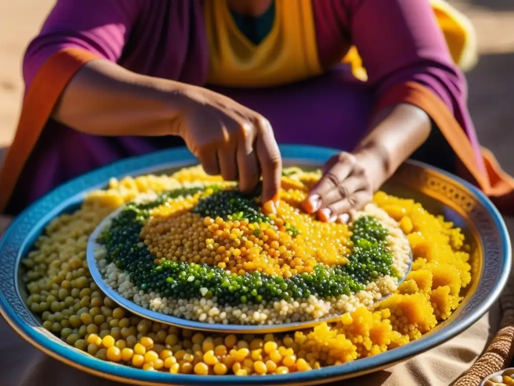 Una mujer bereber arreglando meticulosamente cuscús en un plato, reflejando la historia y cultura culinaria de África del Norte