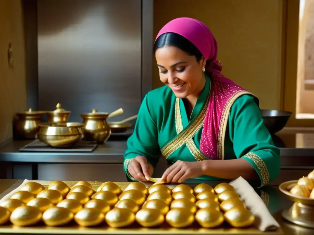 Una mujer bereber preparando makroud argelino, mostrando recetas históricas de desiertos africanos en una cocina soleada