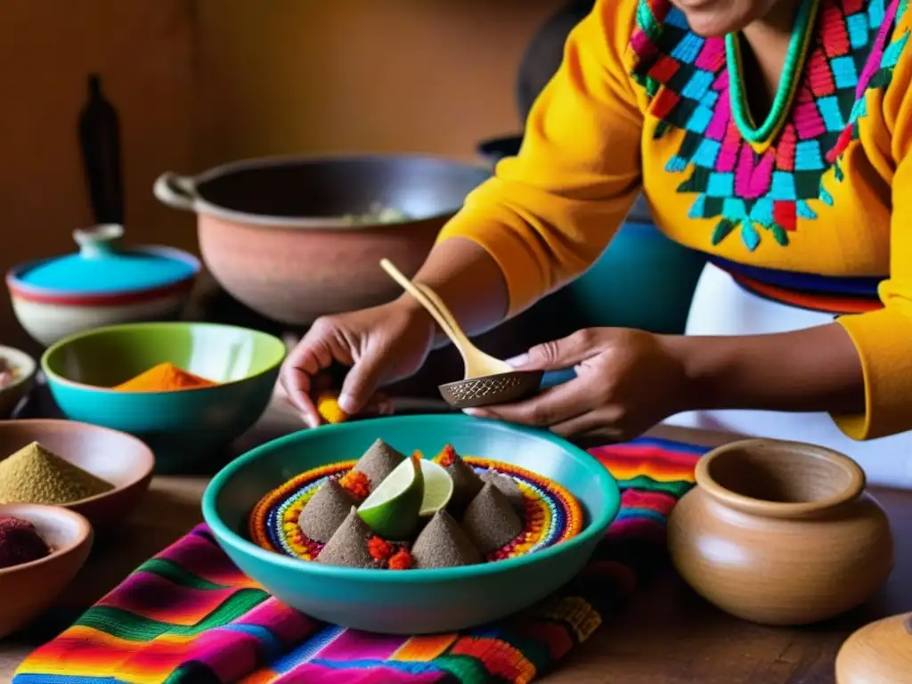 Una mujer boliviana preparando un plato histórico en la cocina del carnaval de Oruro, destacando detalles y colores vibrantes