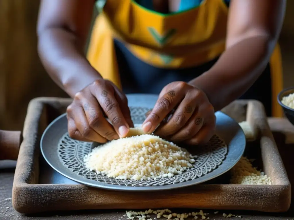 Una mujer Caribe preparando pan de yuca, con manos hábiles y tatuajes de henna