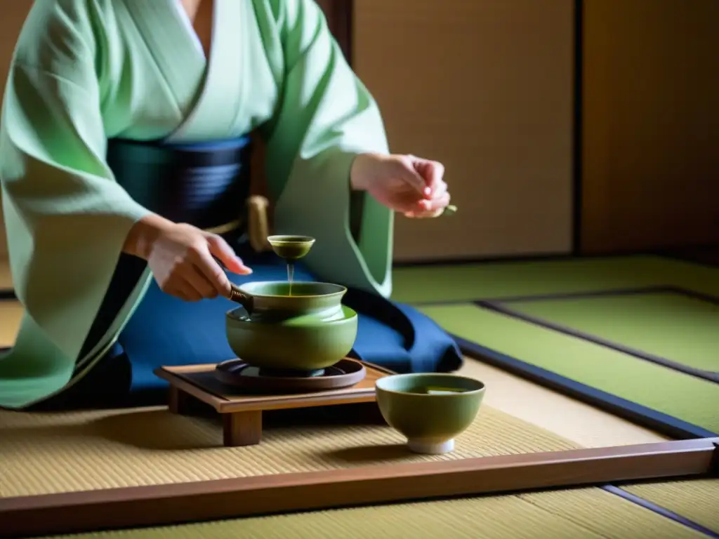 Una mujer realiza una ceremonia del té japonés, destacando la gracia y tradición