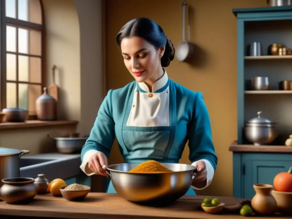 Una mujer en la cocina del siglo XIX mezcla ingredientes en un bol plateado, resaltando la importancia cultural de la tradición culinaria