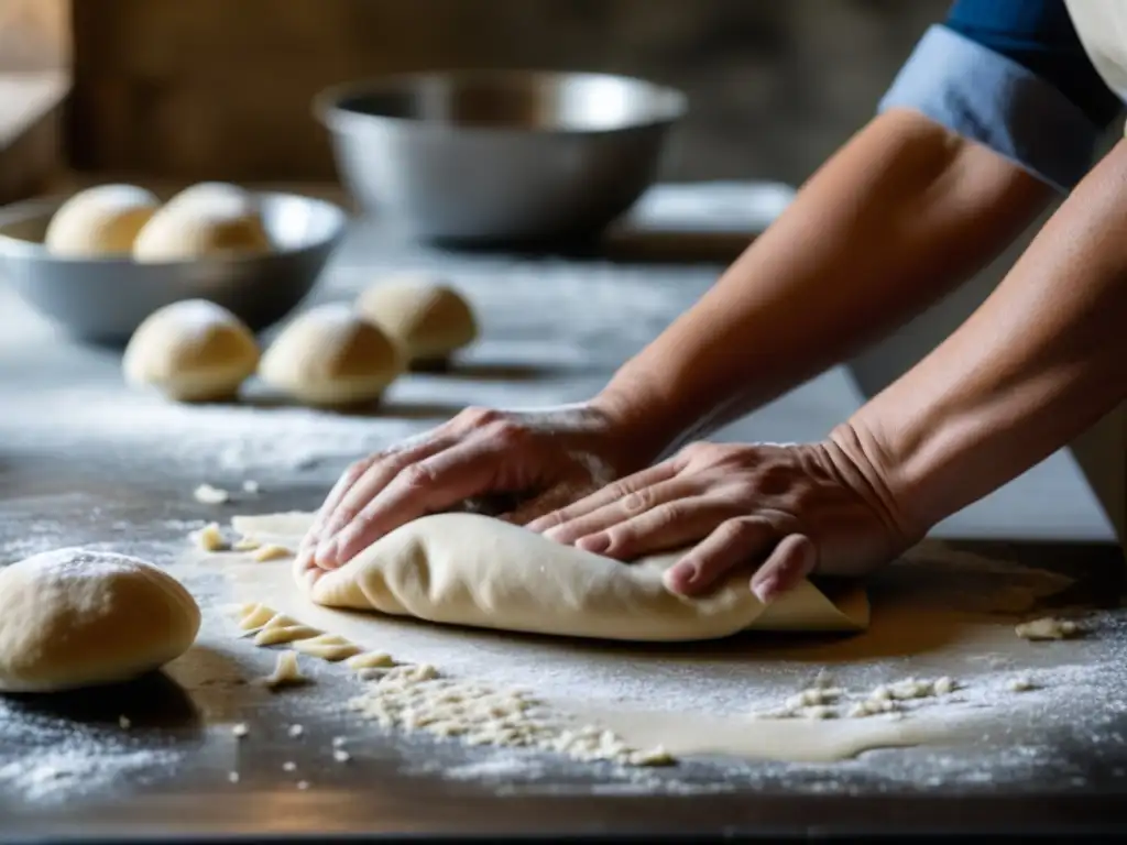 Una mujer determinada y cansada amasa masa con destreza en una cocina improvisada en medio de la guerra