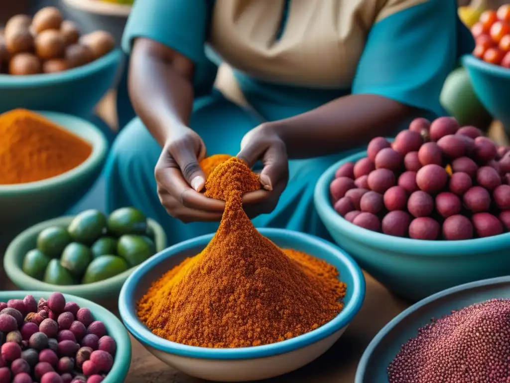 Una mujer selecciona frutas en un mercado africano vibrante, mostrando adaptación recetas africanas influencia colonial