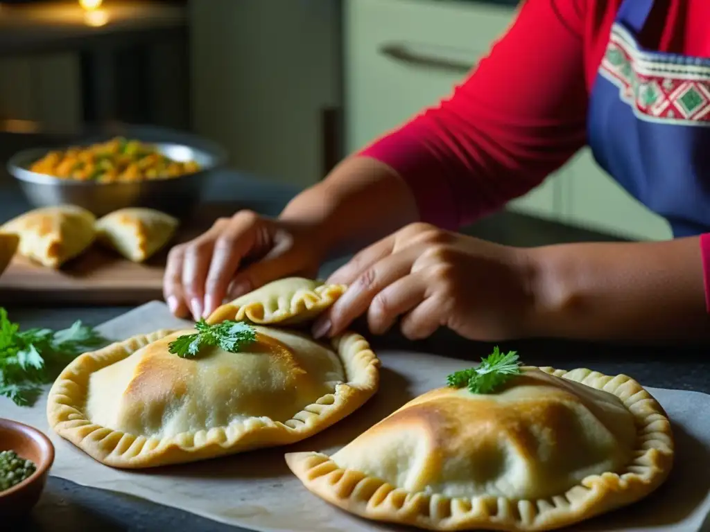 Una mujer hispana creando empanadas de pescado en una cocina iluminada por el fuego, destacando los Sabores de Cuaresma en Hispanoamérica