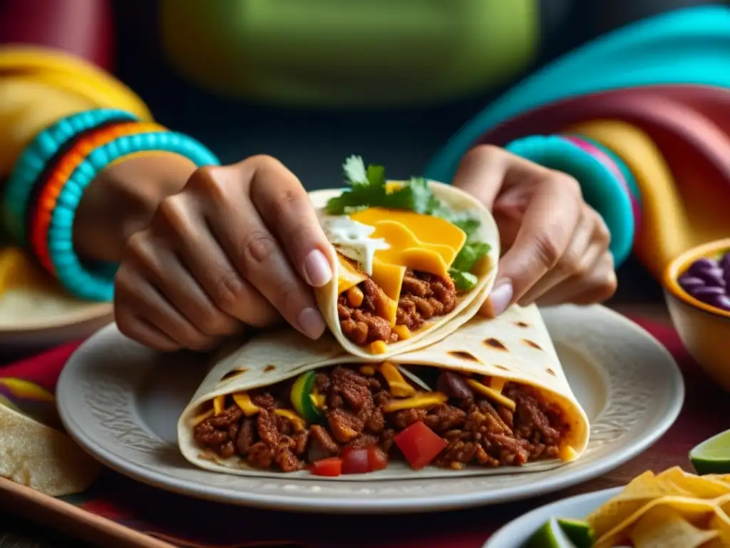 Una mujer hispana experta en cocina TexMex influenciada por inmigrantes, detalladamente envolviendo un burrito con sabrosos ingredientes