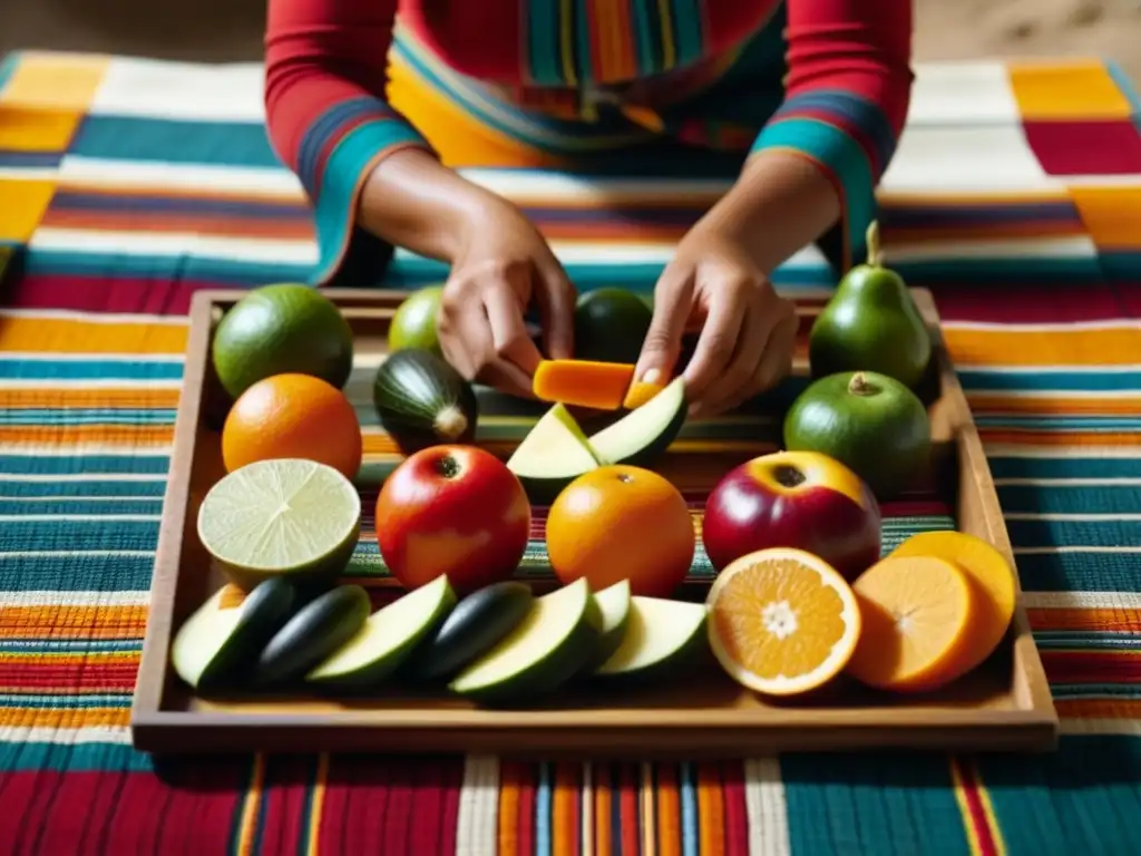 Una mujer inca deshidrata frutas y verduras en bandejas tejidas, mostrando técnicas incas de deshidratación de alimentos