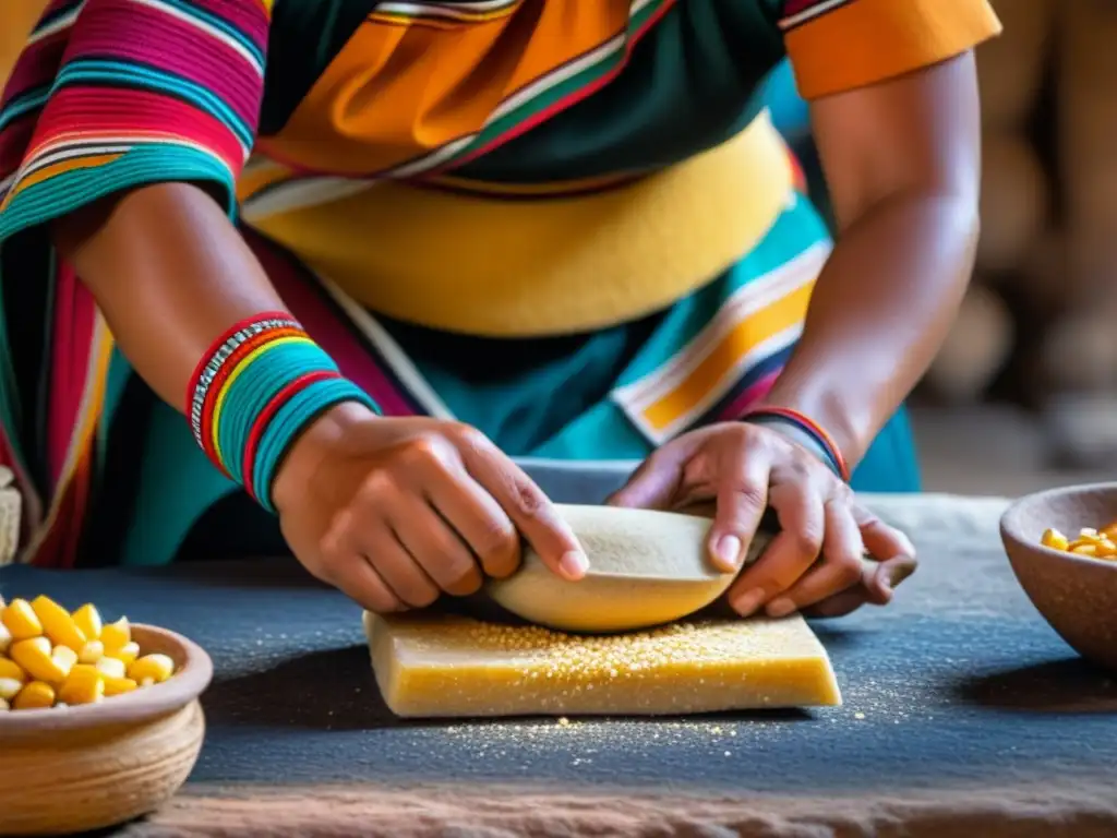 Una mujer inca moldea maíz en metate, en cocina rústica del Imperio Inca