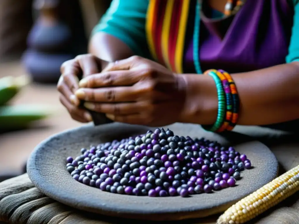 Una mujer inca muele maíz morado para hacer chicha en un metate de piedra