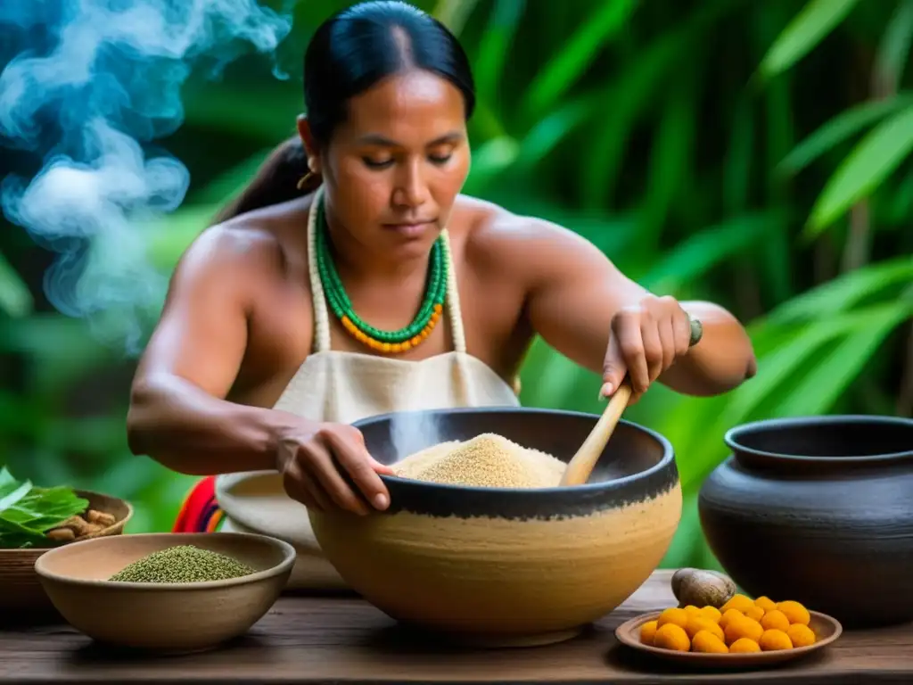 Una mujer indígena amazónica preparando alimentos fermentados en la selva