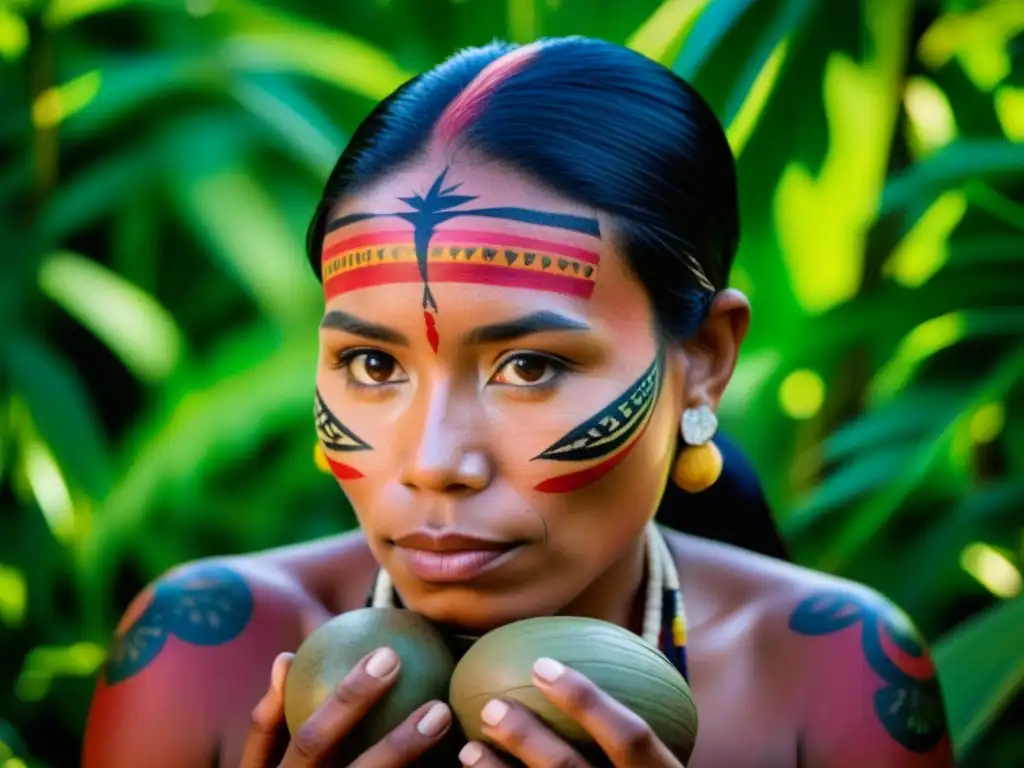 Una mujer indígena amazónica fermentando frutas y raíces en un recipiente de barro rodeada de exuberante vegetación