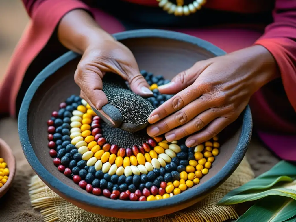 Mujer indígena preparando ingredientes precolombinos con maíz, amaranto y chía en un ancestral recipiente de barro, reflejando la tradición culinaria