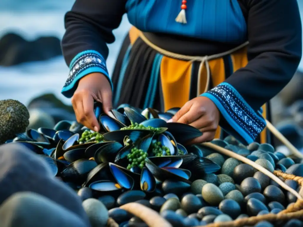 Una mujer indígena Mapuche recolectando mariscos en la costa del Pacífico con técnicas sostenibles