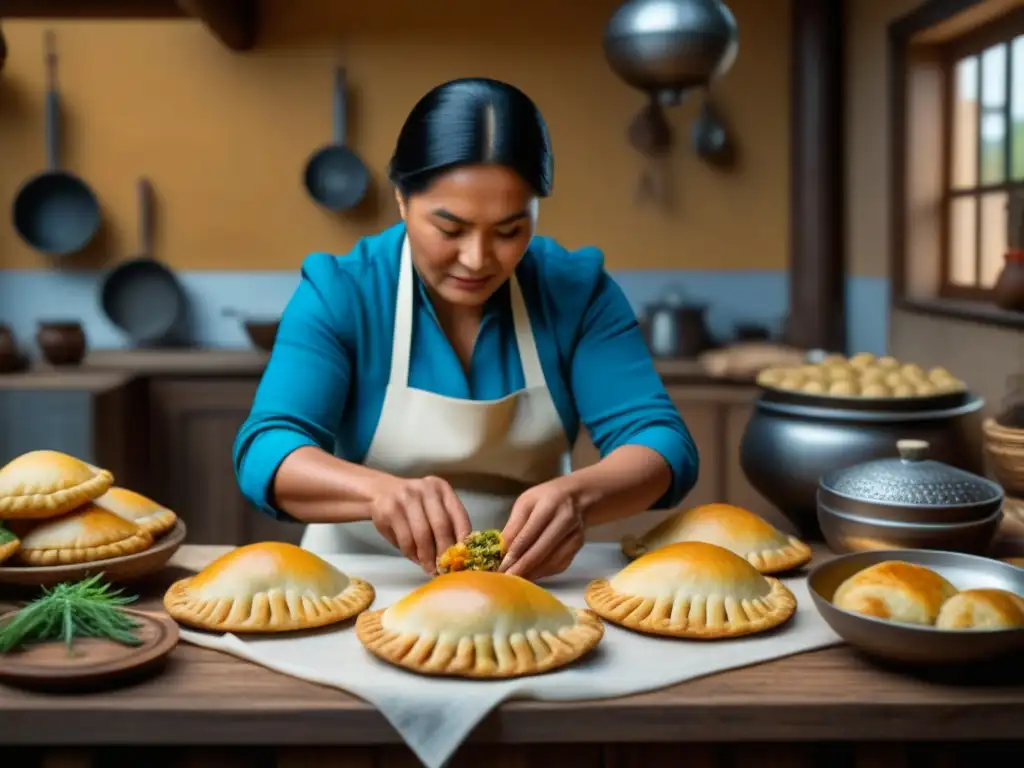 Una mujer indígena de la Patagonia elaborando empanadas tradicionales con ingredientes locales