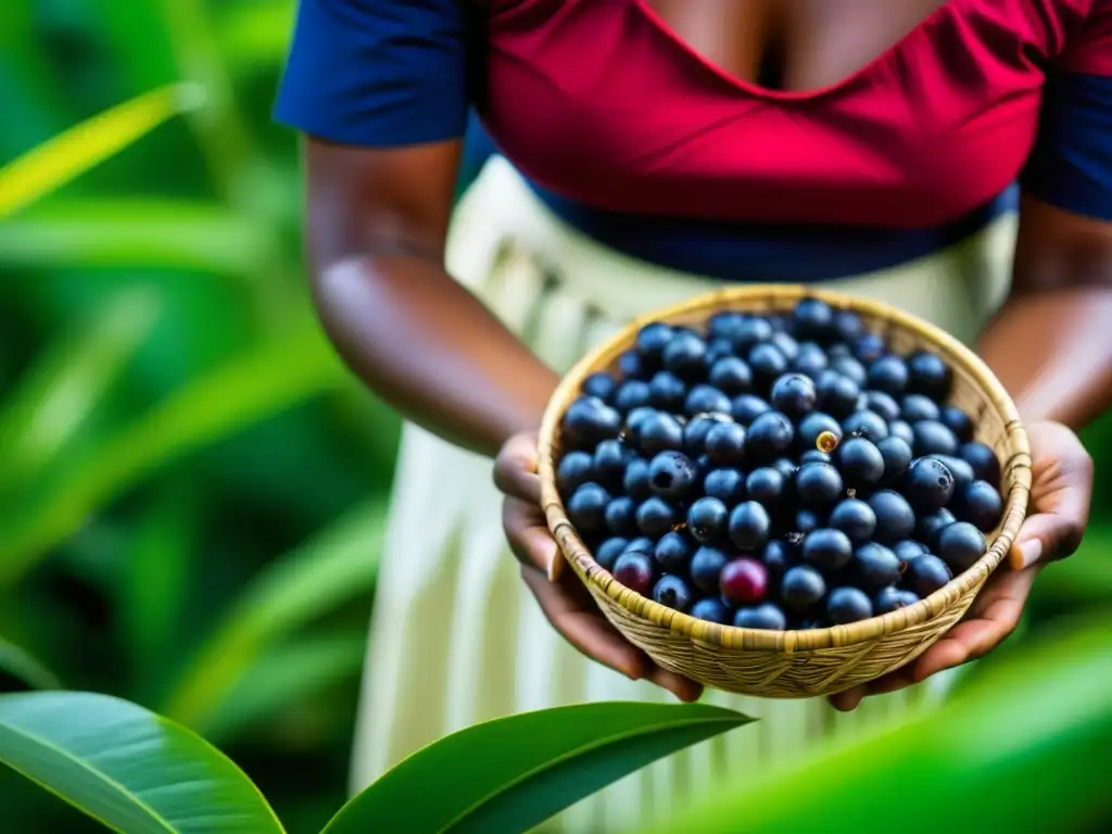 Una mujer indígena del Amazonas cosecha detalladamente una vibrante baya de açaí, resaltando la historia y cultura del superalimento