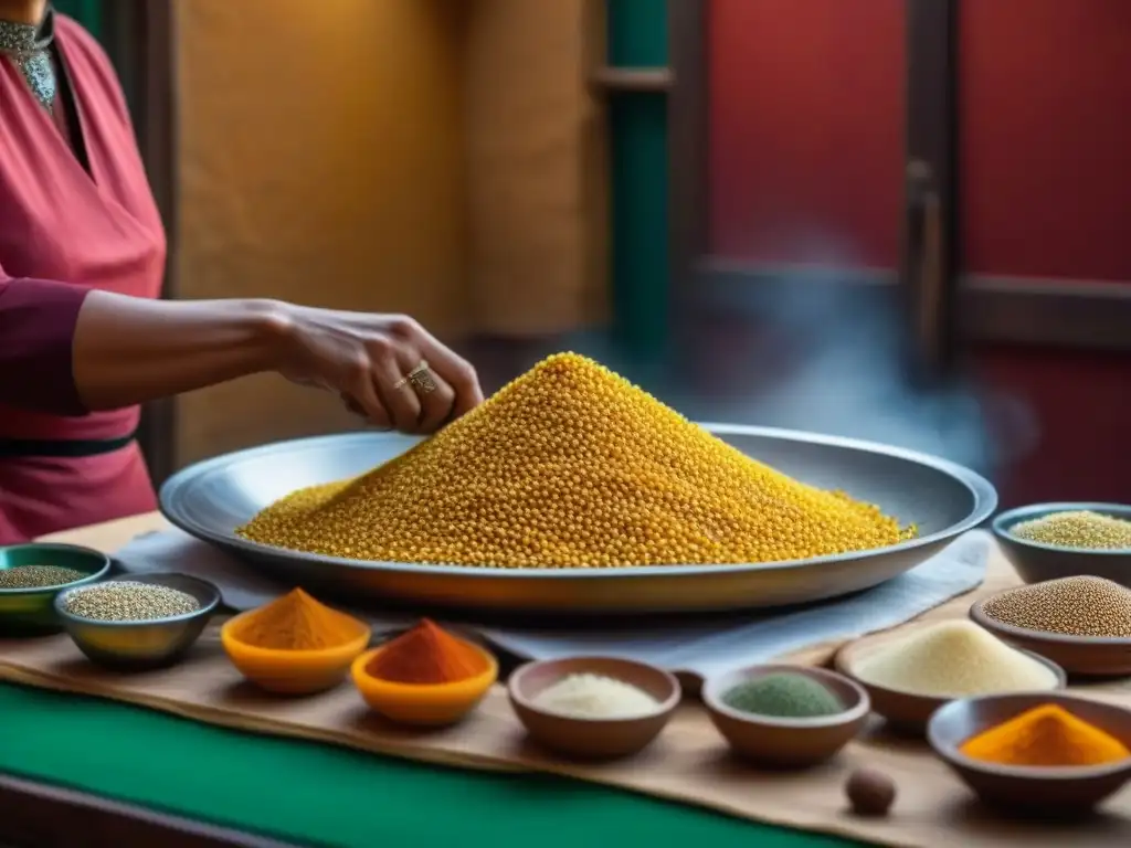 Una mujer local de Marrakech, Marruecos, moldea cuidadosamente cuscús a mano en una cocina tradicional, rodeada de especias y actividad bulliciosa