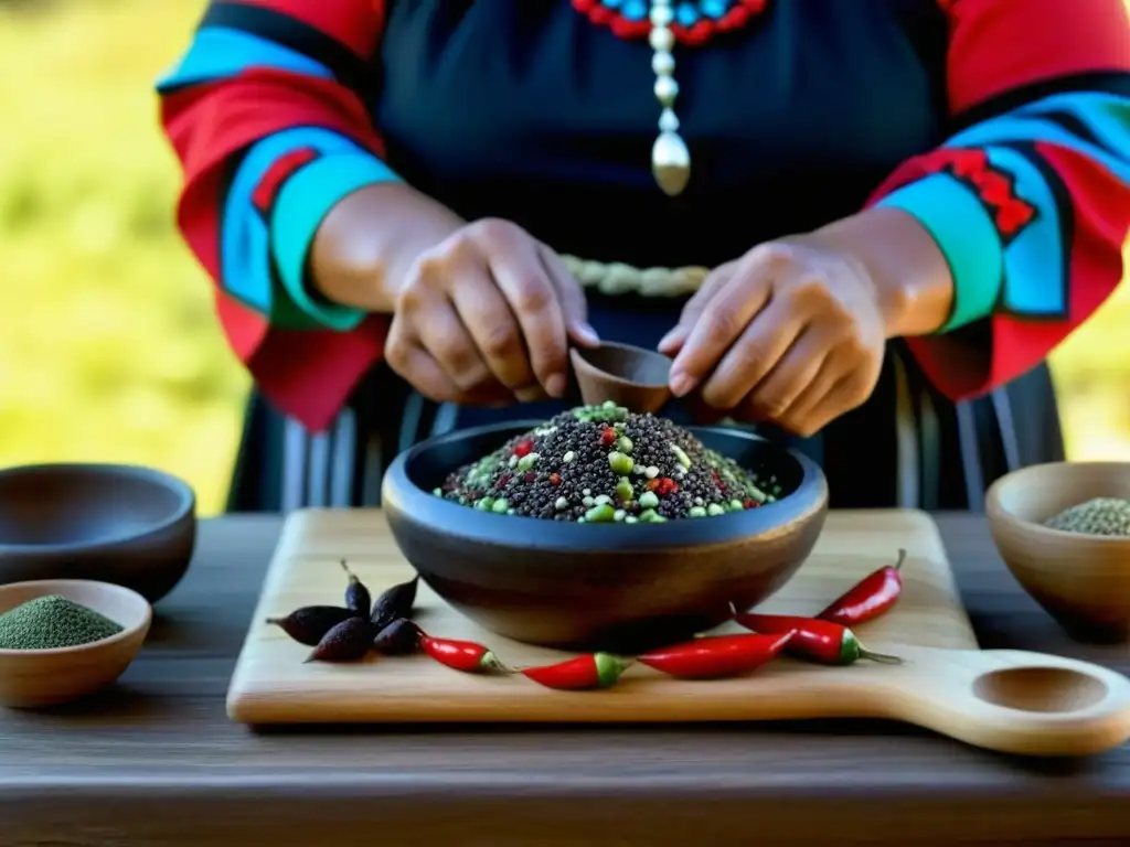 Mujer Mapuche preparando Merkén en mortero de madera, resiste colonización con Platos históricos desafiantes colonizadores