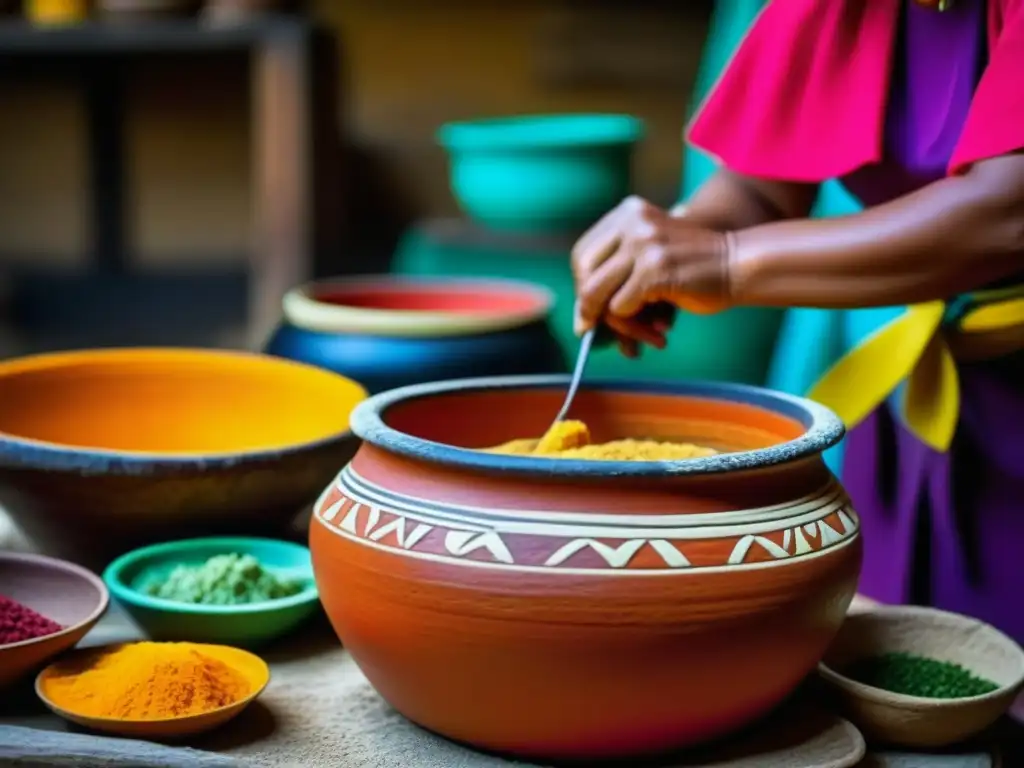 Una mujer maya preparando alimentos con técnicas de conservación ancestrales, resaltando la herencia culinaria maya