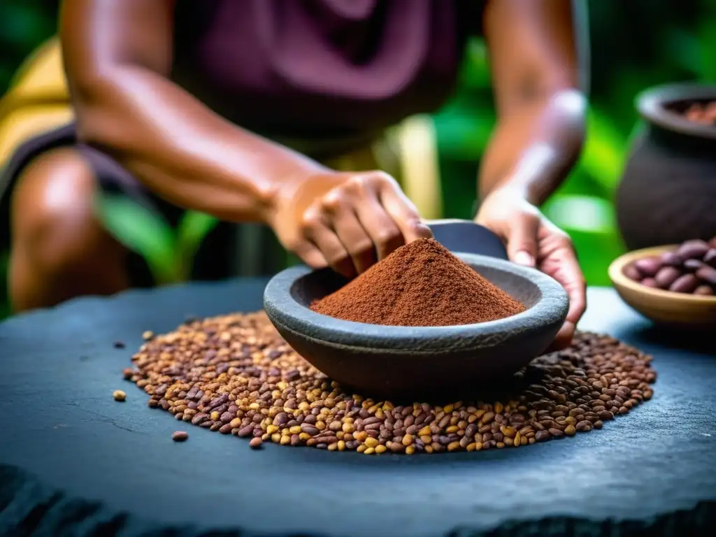 Una mujer maya muele habas de cacao en un metate, mostrando la elaboración de bebidas mayas sabores ancestrales