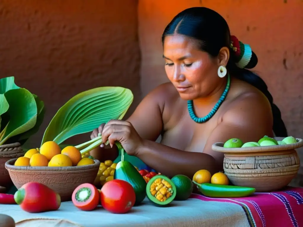 Una mujer maya prepara frutas y verduras con técnicas de conservación tradicionales, resaltando la herencia culinaria maya