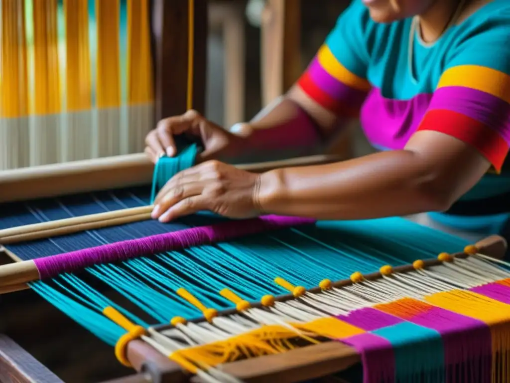 Una mujer maya tejiendo patrones coloridos con técnicas ancestrales de conservación de alimentos mayas