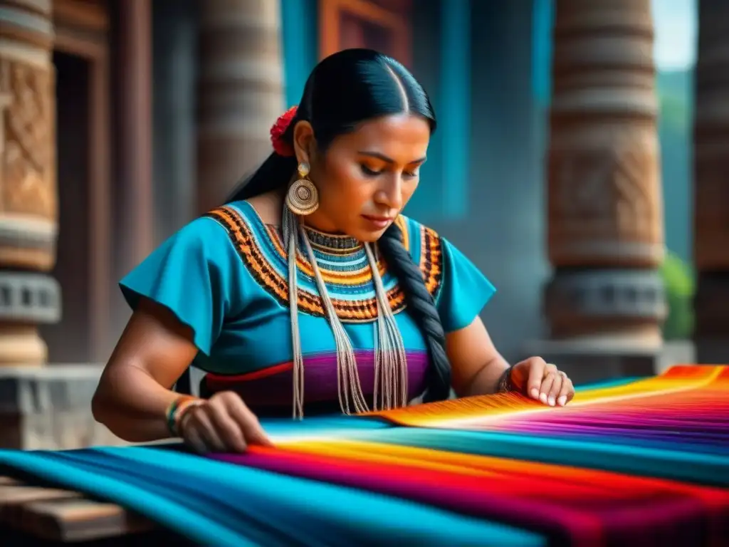 Una mujer maya teje patrones en un textil multicolor, fusionando técnicas de conservación de alimentos mayas con su cultura ancestral