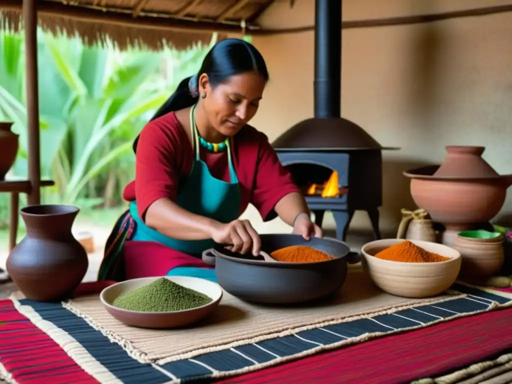 Una mujer Maya prepara un plato tradicional con ingredientes locales en una cocina Maya con utensilios de madera y barro