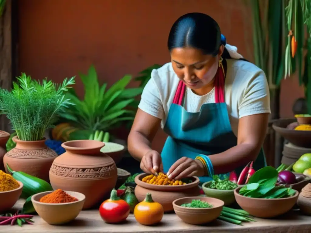 Una mujer maya preparando un plato tradicional con Técnicas de conservación de alimentos mayas