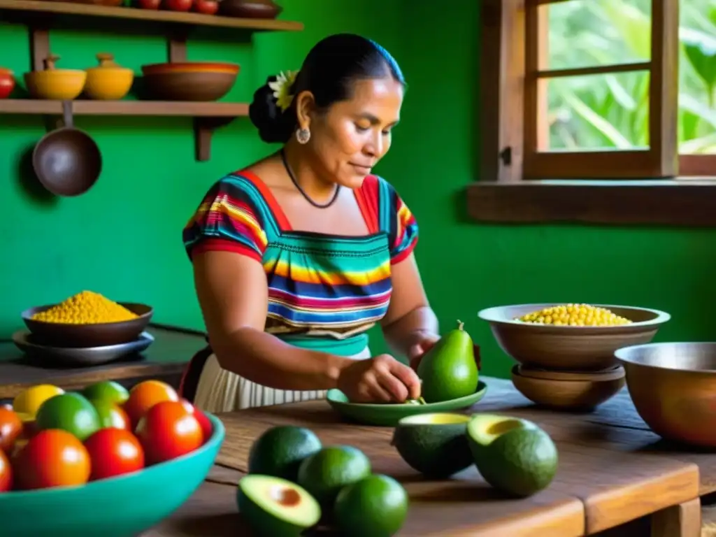 Una mujer maya preparando platos con ingredientes vibrantes en una cocina rústica