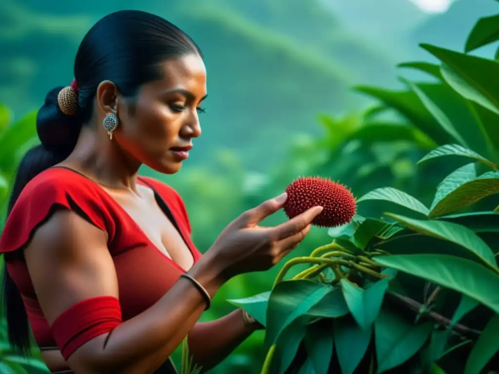 Una mujer maya cosechando semillas de achiote rojo en la selva